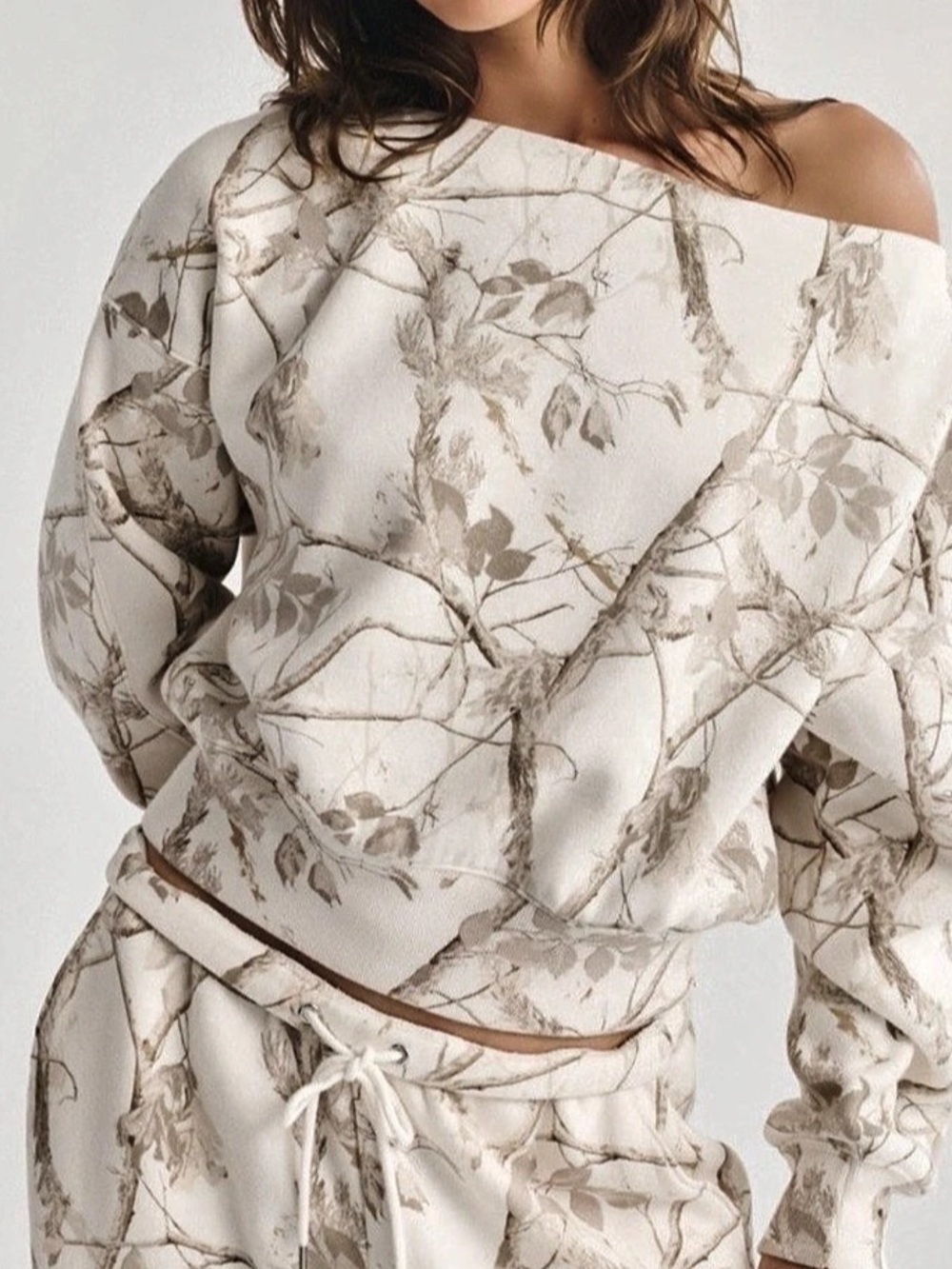 Abercrombie & Fitch Soft A&F Off-The-Shoulder Tree Camo Sweatshirt